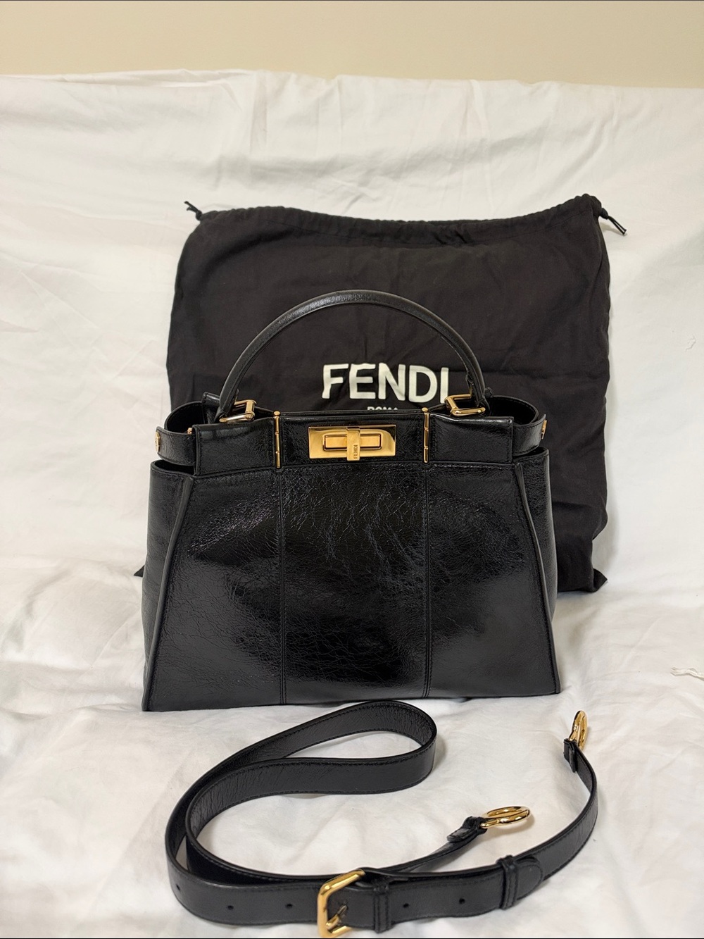 Fendi Black medium peekaboo shiny Leather Top Handle Satchel with Gold Hardware